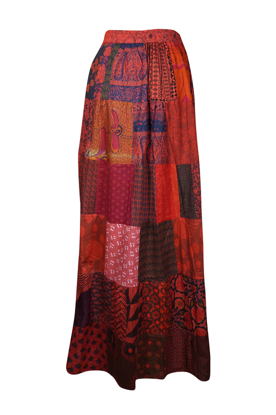 Maxi Skirt, Red Summer Skirt, Gujarati Patchwork Summer S/M