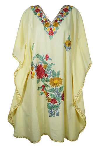 Floral Caftan Dress, Buttermilk Embroidered Resort Wear L-3XL