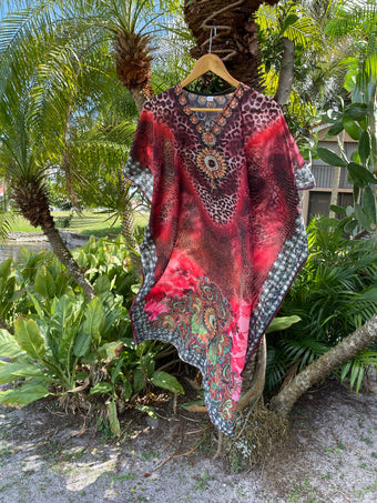 Kaftan Maxi Dress, Red Pink Bohemian Kaftan, Printed 5X