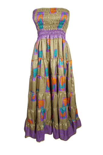 Maxi Skirt, Strapless Dresses Green Purple Floral Printed S/M