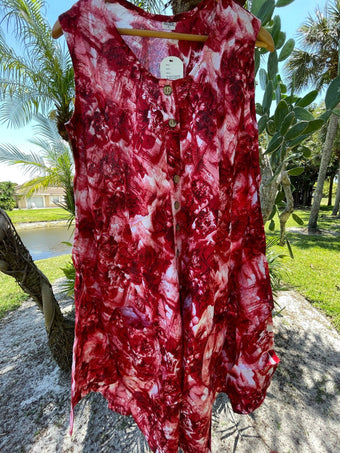 Beach Muumuu Dress Red Tie Dye Style Button Front L