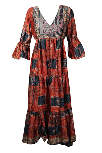 Beach Maxi Dress, Orange Black Long Loose Sleeves S/M