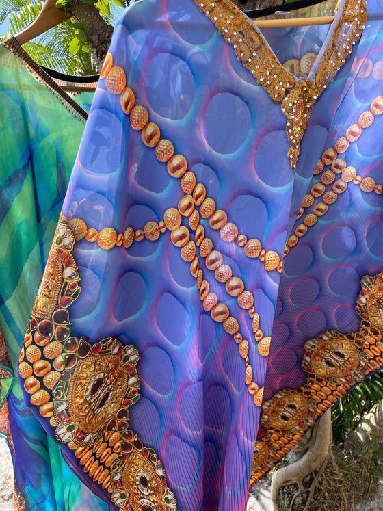Sheer Beach Maxi Caftan Dress, Blue Jewel Print Georgette Kimono Caftan 3XL