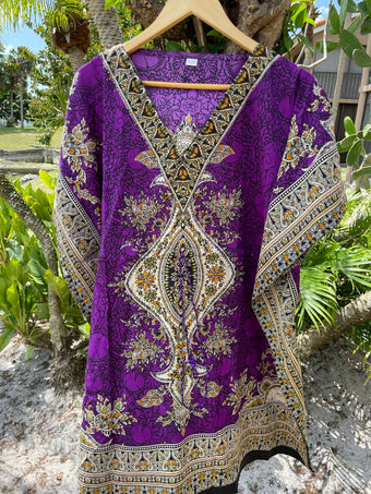 Purple Oversized Tunic Kaftan Dresses, Boho Hippie Dashiki Caftan Dress, 2XL