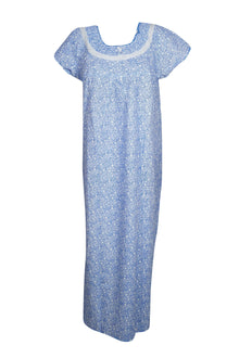  Maxi Caftan Dress, Muumuu, Cotton Blue White Floral L