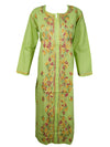 Womens Long Tunic Dress, Parrot Green Embroidered Kurti Dresses M