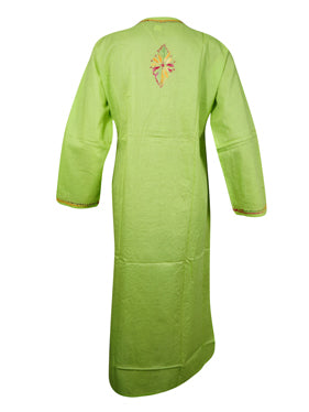 Womens Long Tunic Dress, Parrot Green Embroidered Kurti Dresses M