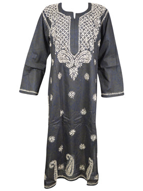 Women Hand Embroidered Black Cotton Long Tunic L