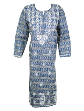 Beach Coverup Blue Long Tunic Embroidered Printed Kurti M