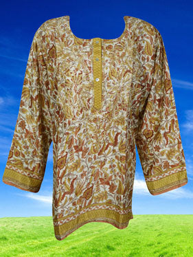 Womens Tunic Top, Silk Shirt, Brown Floral Printed Tunic XL