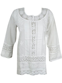 Womens White Cotton Tunic, Boho Beach Tunic L/XL