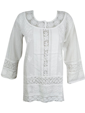 Womens White Cotton Tunic, Boho Beach Tunic L/XL