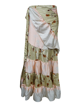 Womens Silk Sari Ruffle Wrap Skirt, Beige Tiered Maxi Skirt One size