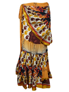  Womens Silk Sari Ruffle Wrap Skirt, Orange Tiered Maxi Skirt One size