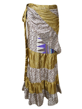 Women Tiered Beige Brown Paisley Printed Beach Skirt, One size