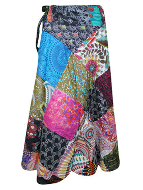 Womens Wrap Around Skirts Blue Patchwork Fashion One Size