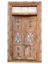 Antique Indo-French Doors with Frame, Rustic Carved Jali Teak Doors