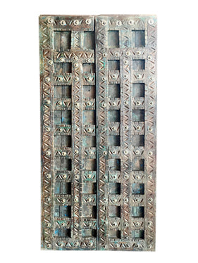 Antique Indian Doors, Rustic Blue, Brass Knobs, Vintage Teak Door, 81x37