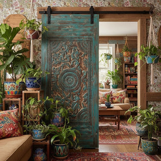  Hand-Painted Carved Wood Doors: Grounded Bohemian Aesthetic