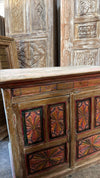 Antique Whitewashed Cabinet with Hand-Painted Floral Rosette Carved Doors