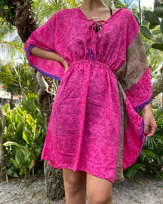 Women Short Caftan Dress, Silk Sari Red Paisley Print Loose Beach Summer Dresses One size