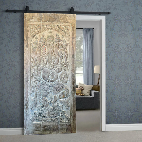 Vnitage Ganesha Wall Sculpture Whitewash Brass Studs Wall Panel 