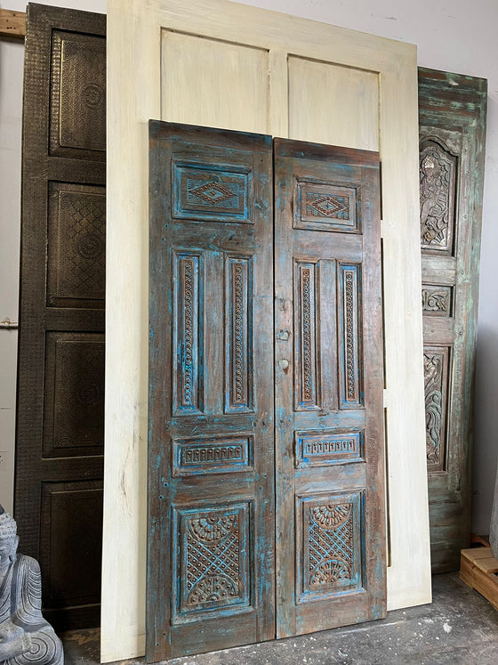 Vintage Carved Double Door Blue Copper Studs Floral Reclaimed Wood Doors 80x40