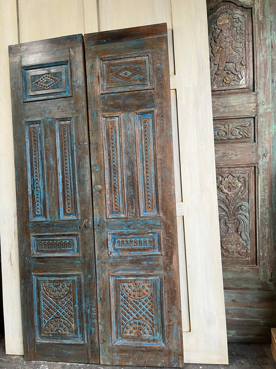 Vintage Carved Double Door Blue Copper Studs Floral Reclaimed Wood Doors 80x40
