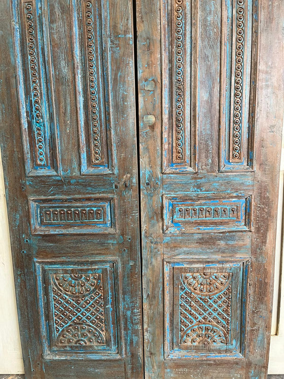 Vintage Carved Double Door Blue Copper Studs Floral Reclaimed Wood Doors 80x40