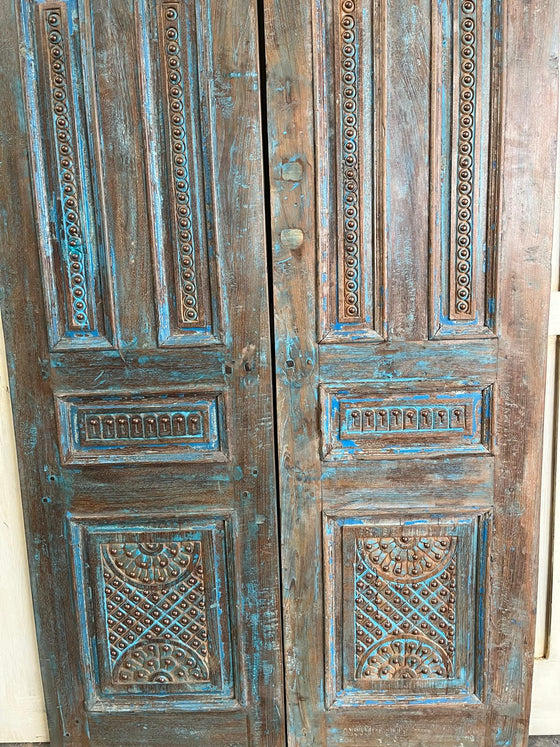 Vintage Carved Double Door Blue Copper Studs Floral Reclaimed Wood Doors 80x40