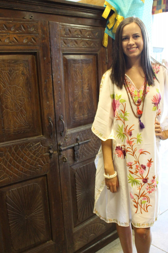 White Embroidered Kaftan Dress, Resort Wear, Leisure Wear, Kimono Dresses, L-2X