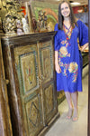Womens Cotton Short Kaftan, Embroidered Blue Floral Fall Boho Kimono Dresses L-2X