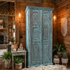 Antique Blue Wardrobe Armoire Floral Brass Studs Hand Carved Storage Cabinet 