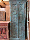 Antique Blue Wardrobe Armoire Floral Brass Studs Hand Carved Storage Cabinet 83x36