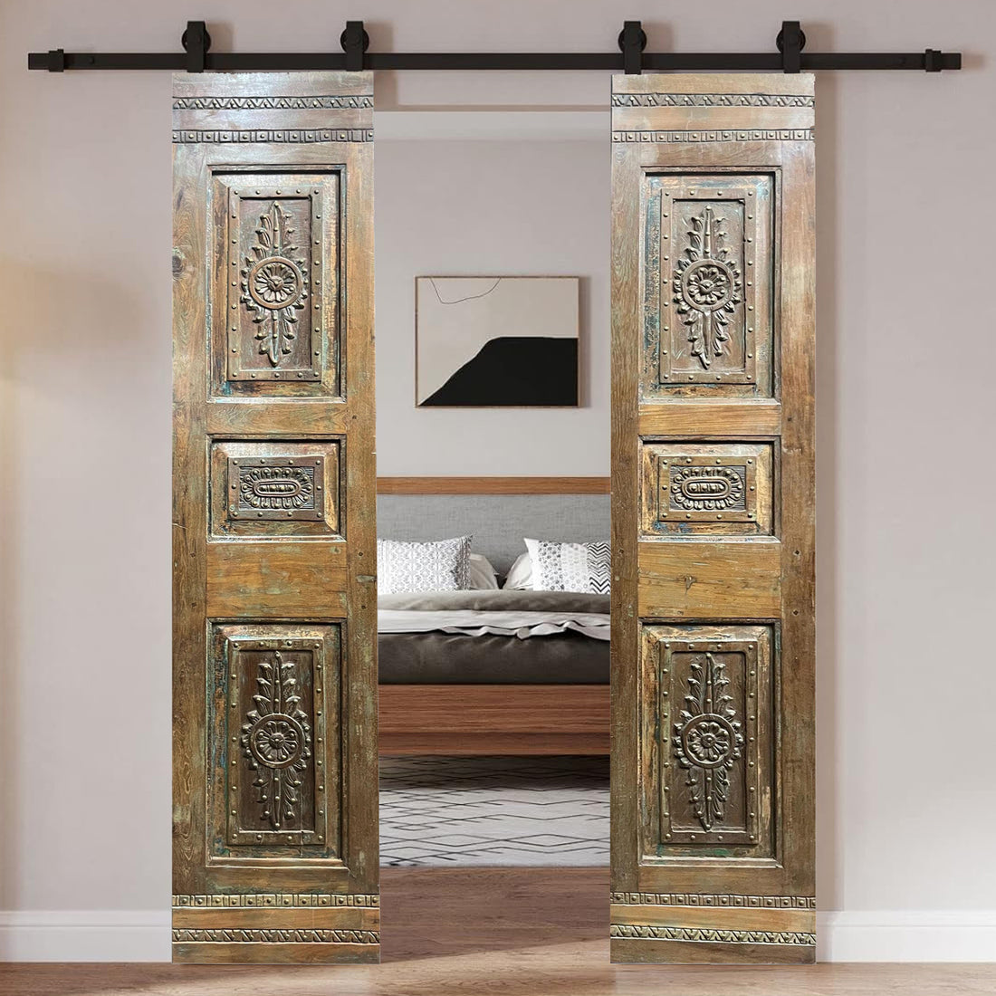  Vintage Carved Doors Brass Stud Floral Pantry Double Barn Doors