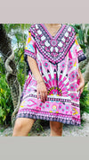 Boho Cotton Summer Kaftan Dress, Ivory Printed Short Caftan, Beach Cover up Dresses S/M