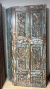 Antique Carved Floral Door Distressed Blue Hinged or Sliding Barn Door Panel 80