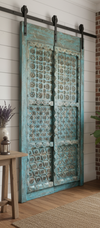 Antique Carved Double Doors Brass Studs Rustic Blue Farmhouse Door