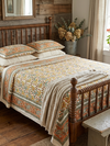Cotton Printed Bedspread – Orange & Yellow Leaf Floral Design | Indian Handmade Bed Cover