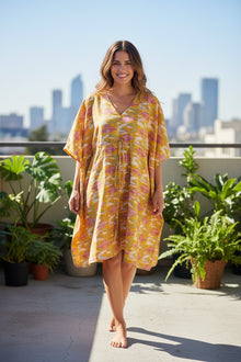  Boho Summer Kaftan in Yellow Aztec Print – Recycled Silk Beach Coverup for Women