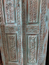 Antique Blue Wardrobe Armoire Floral Brass Studs Hand Carved Storage Cabinet 83x36
