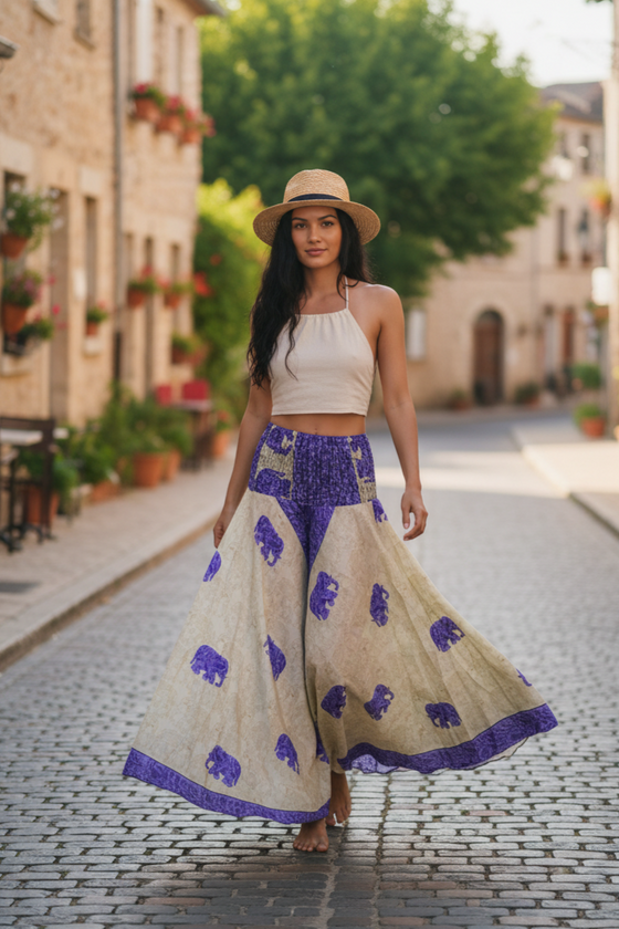 Bohemian Purple Elephant Print Palazzo Pants – Flowing, Stylish & Artfully Handcrafted SM