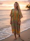 Women’s Yellow Floral Silk Maxi Kaftan – Boho Beach Cover-Up Caftan Dress L-2X