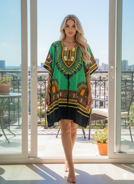 Forest Green Boho Kaftan Dress – BOGO Women's Short Beachwear for Vibr