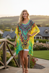 Women’s Yellow & Green Sheer Georgette Kaftan – Oversized Boho Beach Cover-Up for Resort 4XL