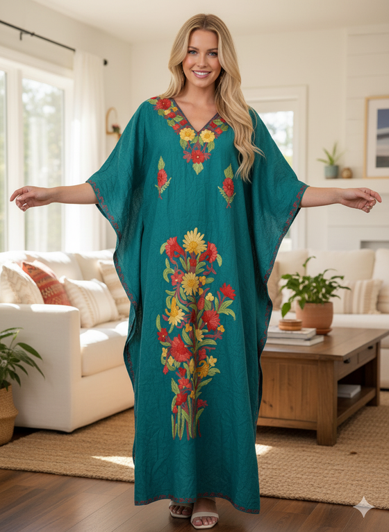 Women’s Blue Kaftan Maxi Dress – Embroidered Boho Beach Caftan  L-2XL