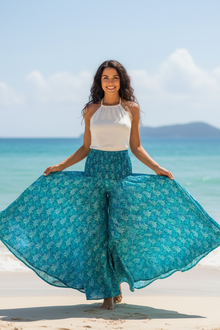  Women’s Sea Blue Boho Palazzo Pants – Handmade, Breezy & Wide-Leg Summer Trousers SM