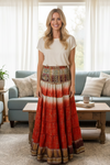 Bohemian Rose Red Floral Beach Maxi Skirt – Flowing Boho Chic Skirt Dress S/M