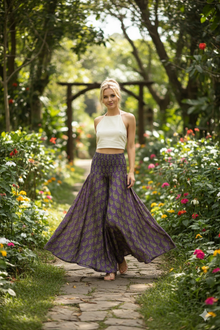  Bohemian Deep Purple Wide-Leg Palazzo Pants – Green Leaf Print, Graceful & Pants SM
