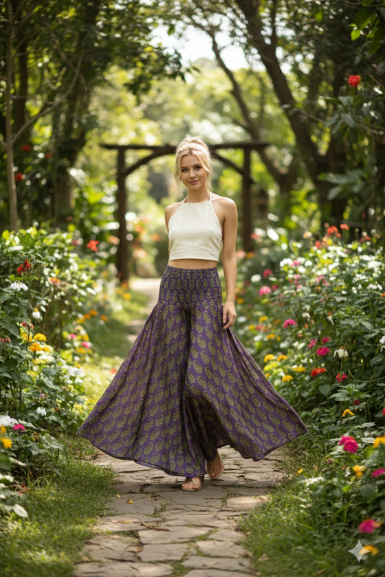 Bohemian Deep Purple Wide-Leg Palazzo Pants – Green Leaf Print, Graceful & Pants SM
